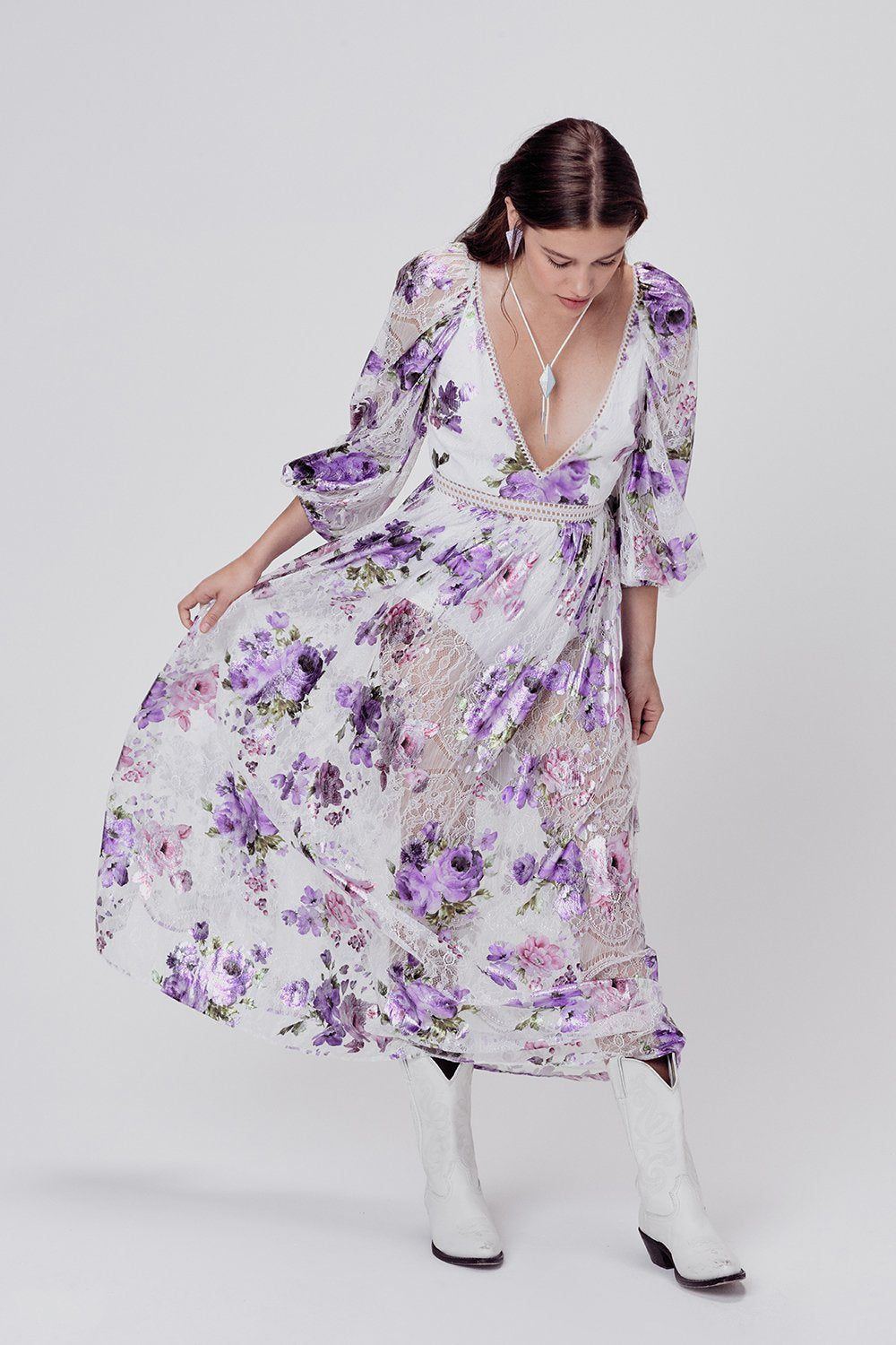 wildflower foil lace mini dress For Love & Lemons Wildflower Foil Lace Mini Dress in Lavender